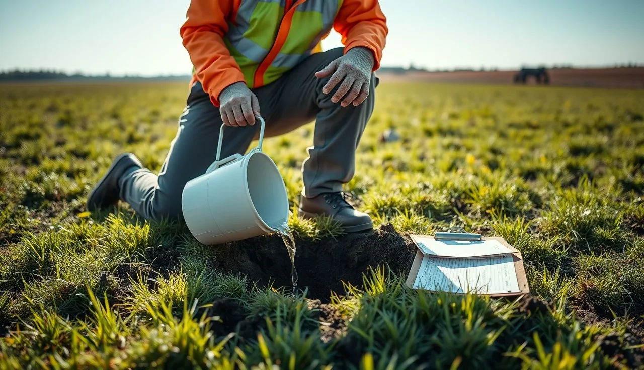 Technician conducting a percolation test by pouring water into a soil test hole in a field