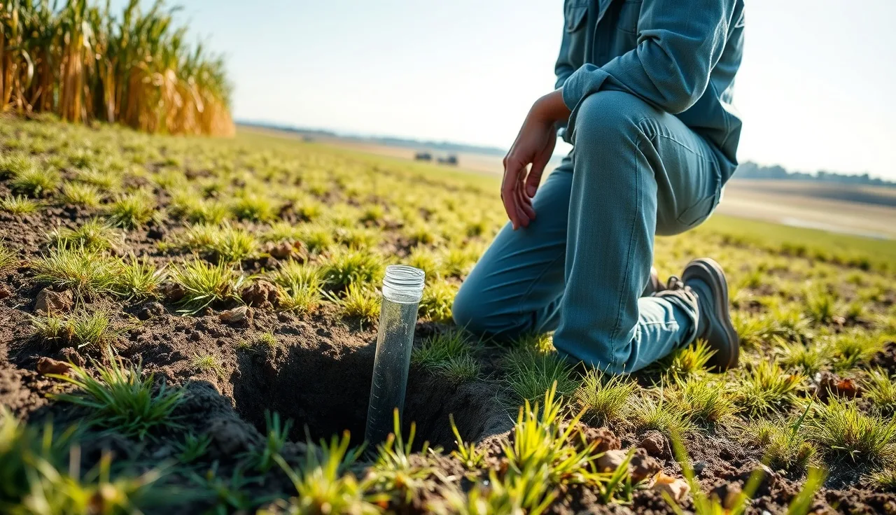 Soil evaluator performing a percolation test in a rural field, measuring water absorption