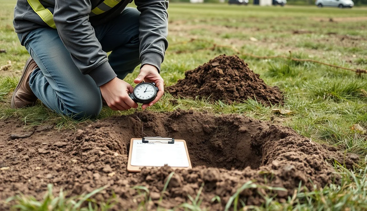 Soil technician timing water drainage in a perc test hole on a rural lot