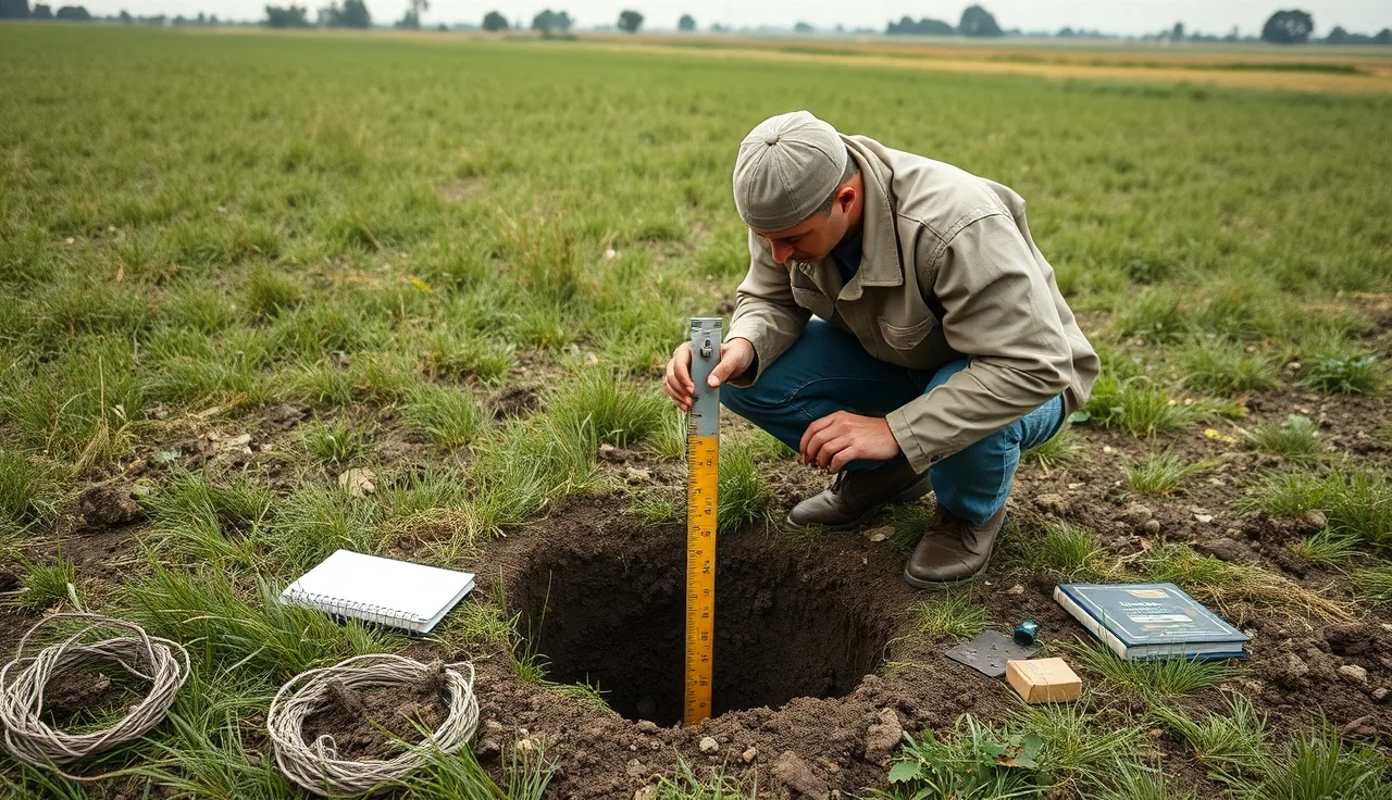 Soil evaluator measuring water level in a percolation test hole on a rural lot