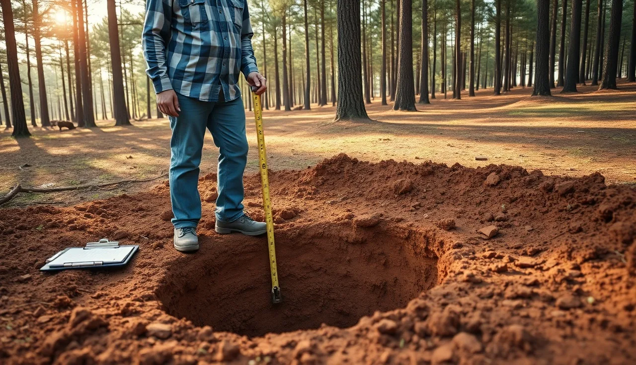 Soil scientist examining a profile hole for a perc test on a South Carolina lot