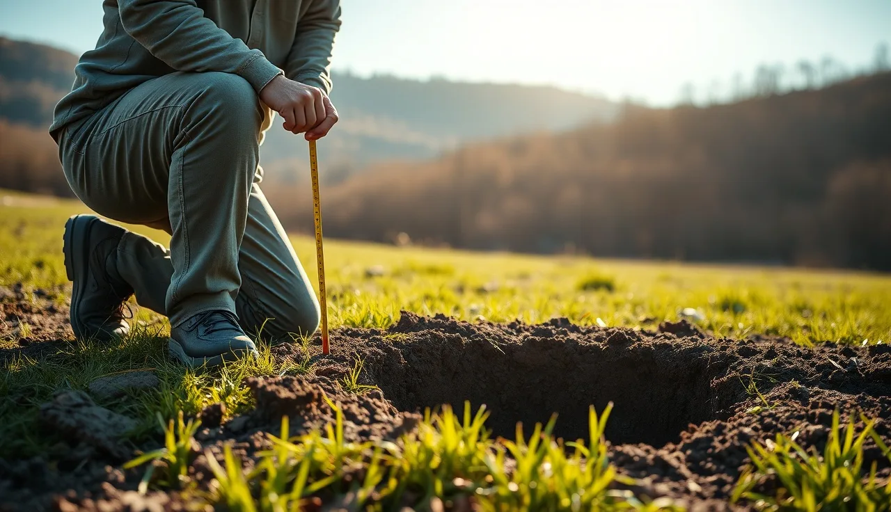 Soil scientist examining a perc test pit on a Tennessee residential lot
