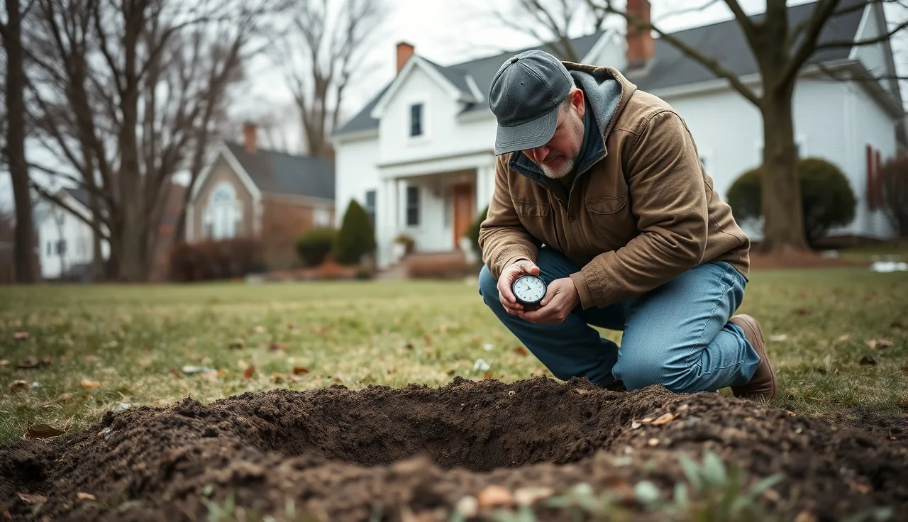 Soil evaluator timing a percolation test hole in a Wilbraham Massachusetts backyard