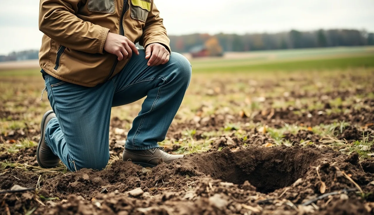 Soil tester examining a soil boring core sample in a rural Wisconsin field