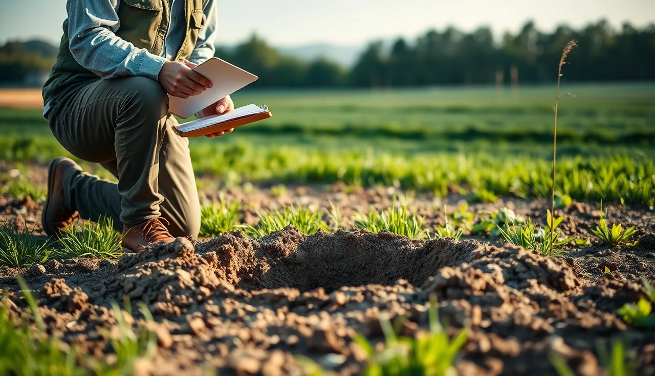 Soil scientist examining a percolation test hole on rural land at dawn