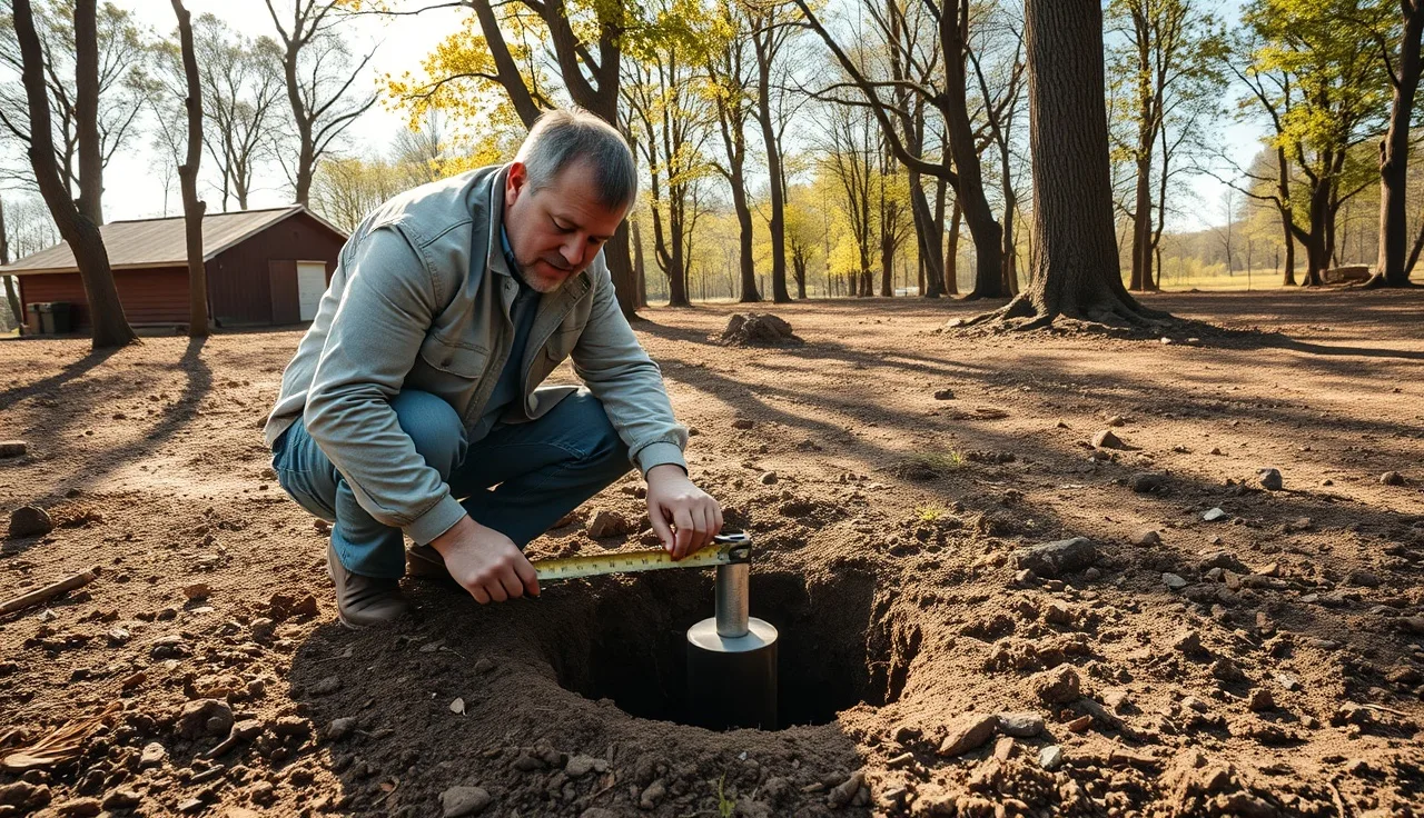 Soil scientist measuring water level in percolation test hole in a rural wooded lot