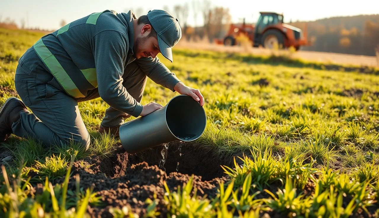 Soil technician pouring water into a perc test hole in a rural field