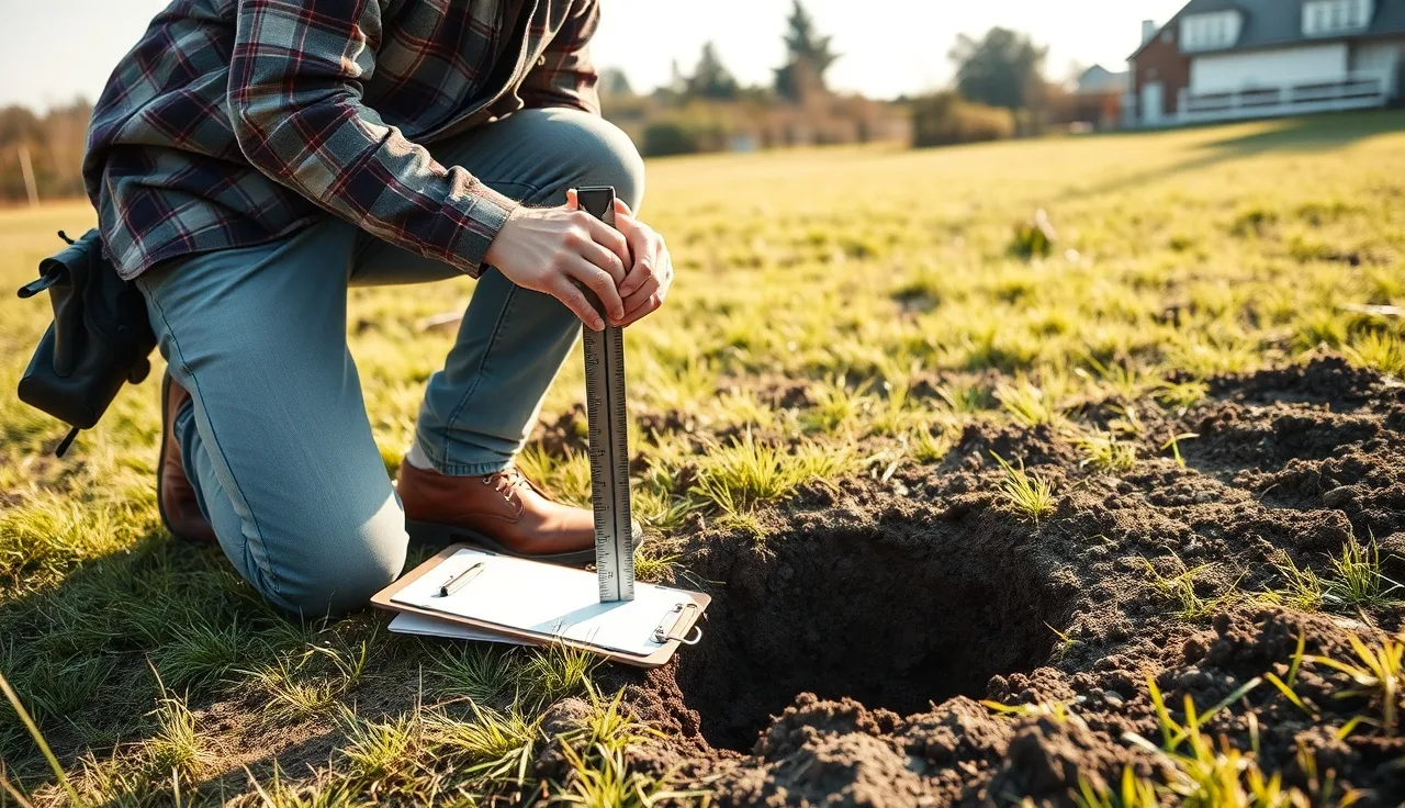 Soil scientist measuring water level in a perc test hole in a rural yard