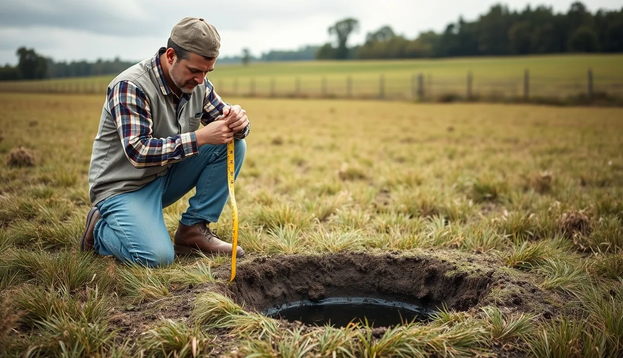 Soil scientist measuring water level in a perc test hole on rural land