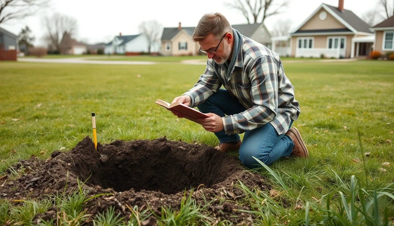 Soil scientist examining an open perc test pit in a suburban Pennsylvania backyard