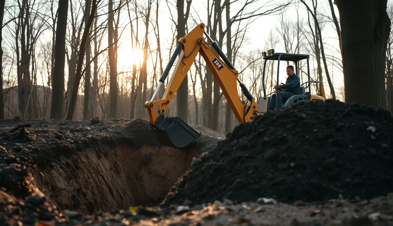Backhoe digging a percolation test pit on a wooded New Jersey residential lot