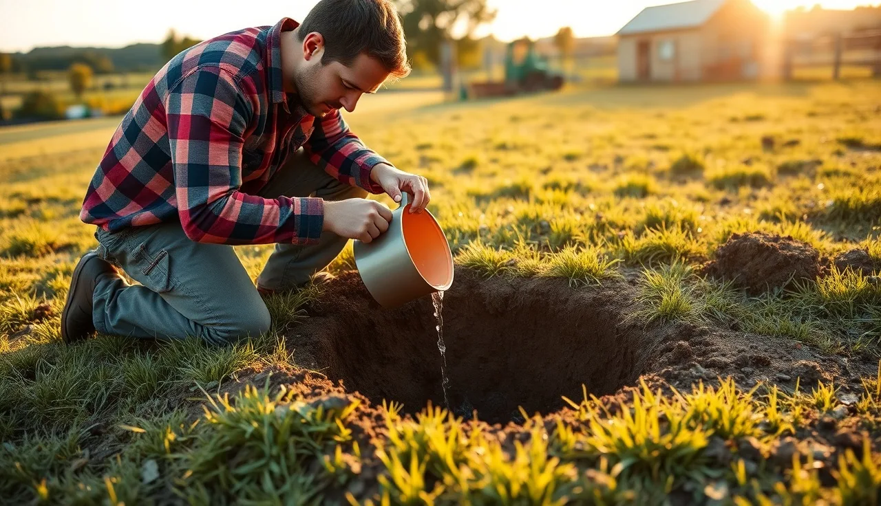 Soil technician timing water absorption during a percolation test in a backyard
