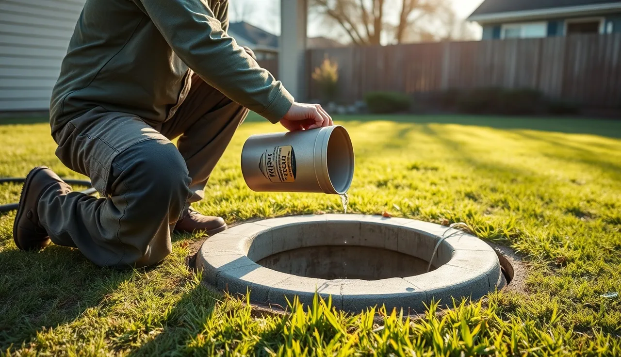 Septic technician holding a PL-68 effluent filter pulled from an open septic tank riser