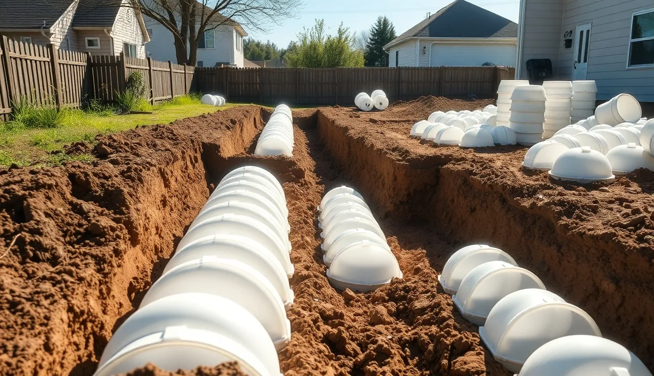 Plastic drain field chambers being installed in residential backyard trenches