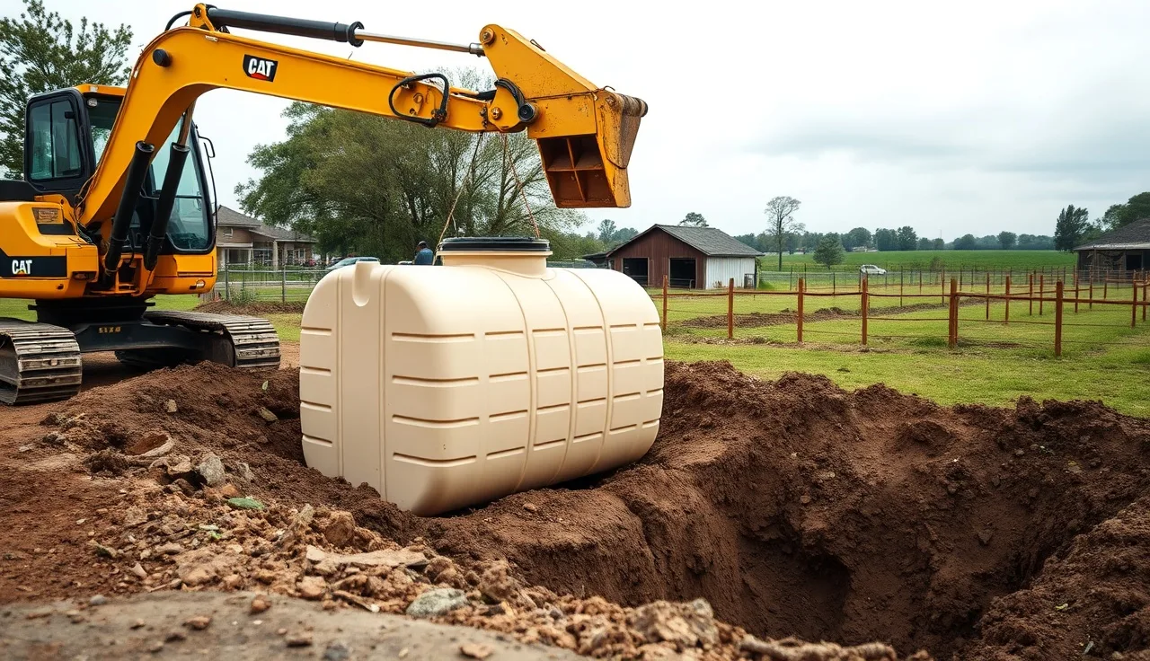 Polyethylene plastic septic tank being installed in an excavated pit by an excavator