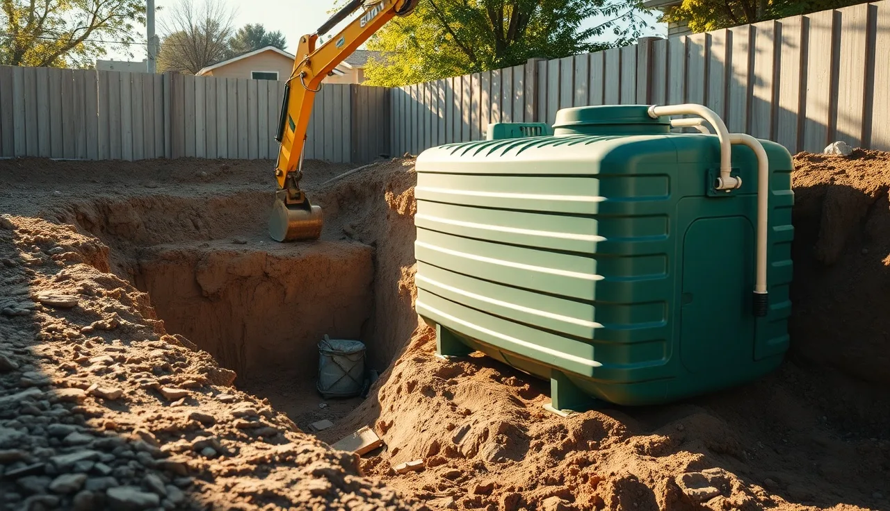 Green polyethylene plastic septic tank being lowered into excavated trench during residential installation