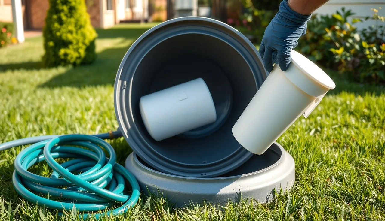 Gloved hands lifting a cylindrical effluent filter cartridge from an open septic tank outlet
