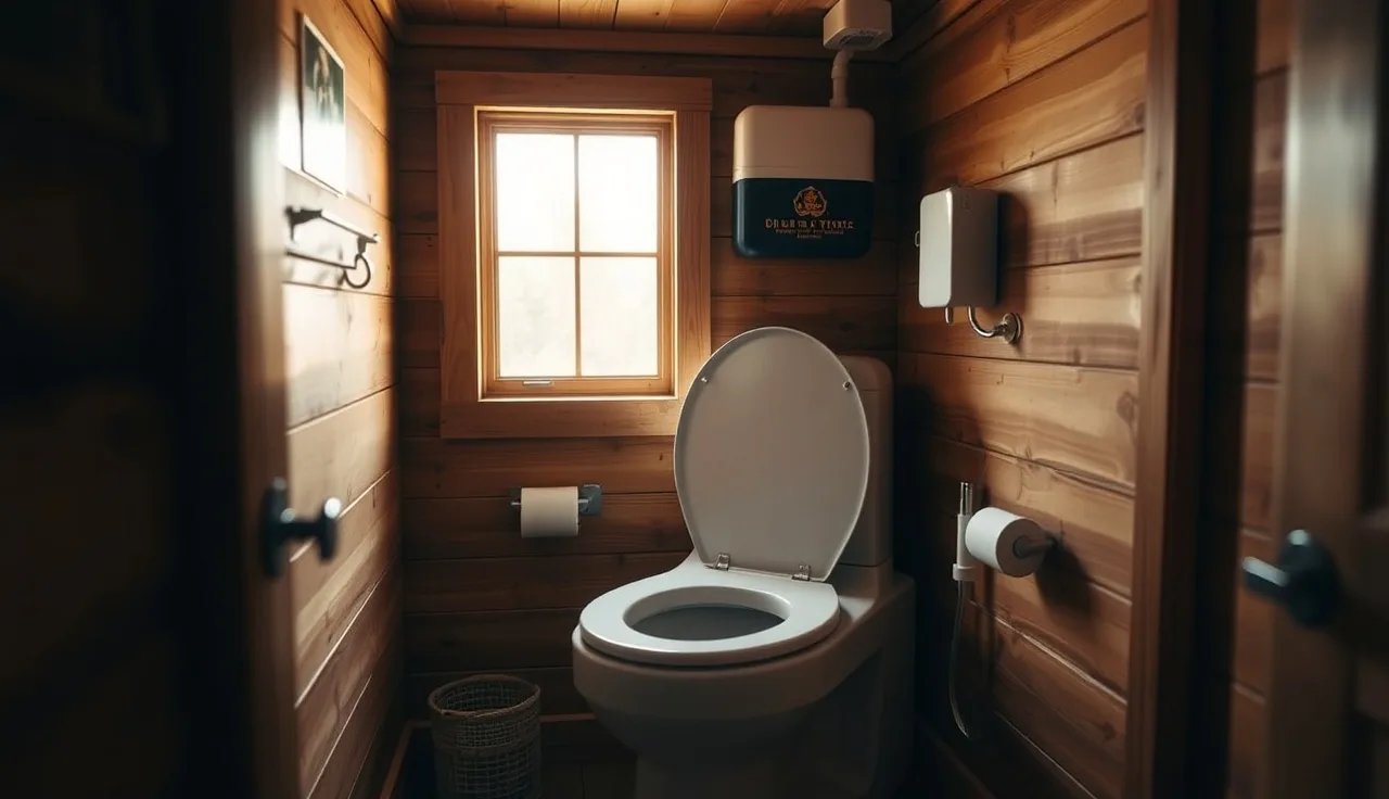 Composting toilet installed in a rustic off-grid cabin bathroom with natural light