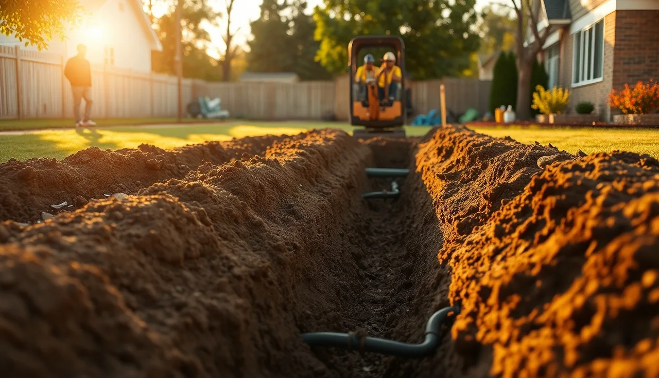 Shallow drainfield trench being backfilled in a suburban yard after Presby septic pipe installation