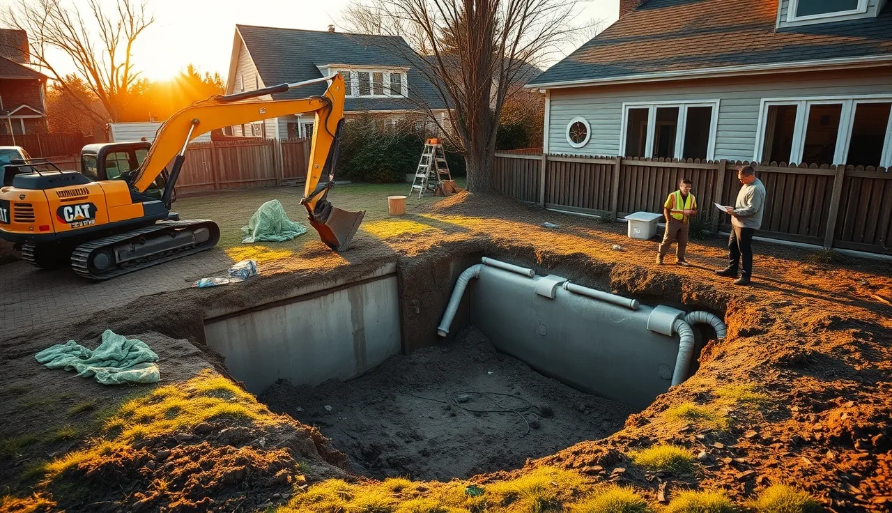 Excavator and workers installing a new concrete septic tank in a residential backyard