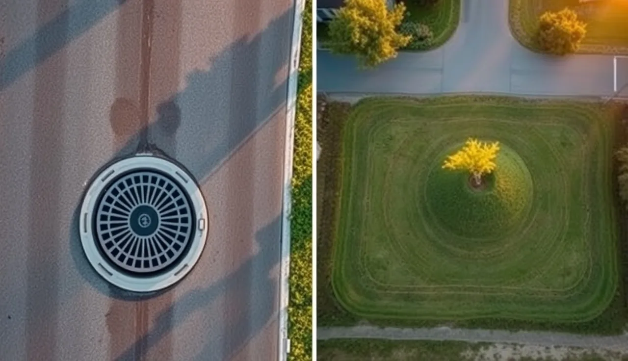 Aerial view comparing a suburban sewer cover and a rural septic drain field yard