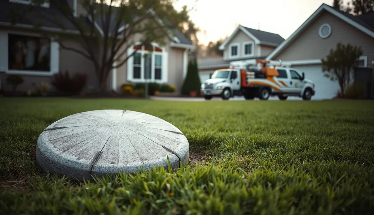 Exposed septic tank access lid in a residential backyard next to a suburban home