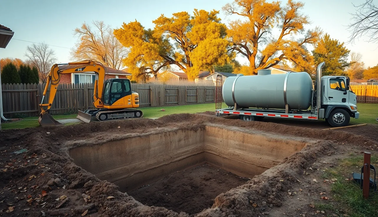 Excavator and concrete septic tank at residential property installation site