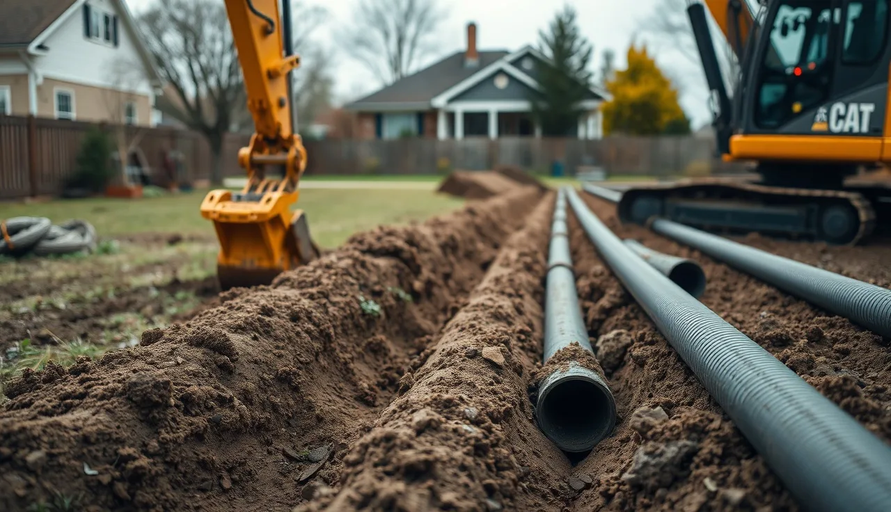 Excavator digging drain field replacement trenches in a residential backyard