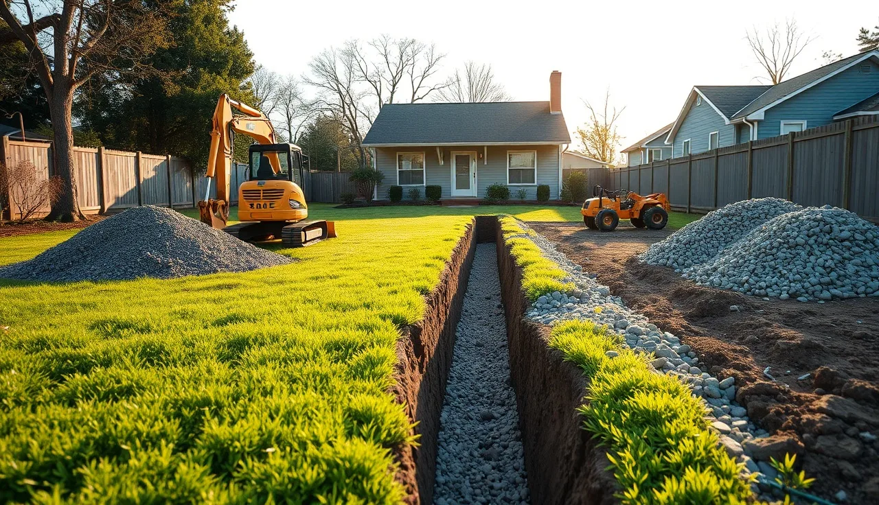 Workers excavating a leach field trench in a residential backyard