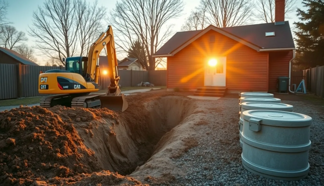 Excavator digging septic system replacement trench in residential backyard