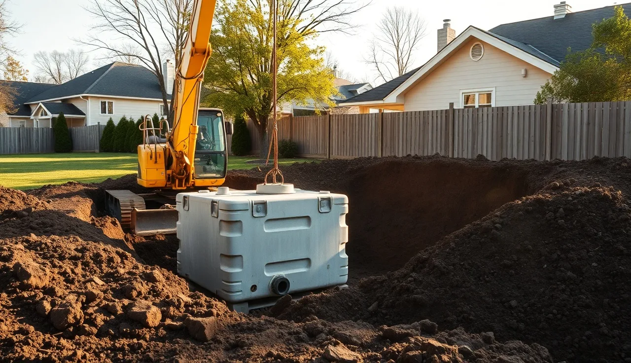 Concrete septic tank being lowered into excavated trench during replacement