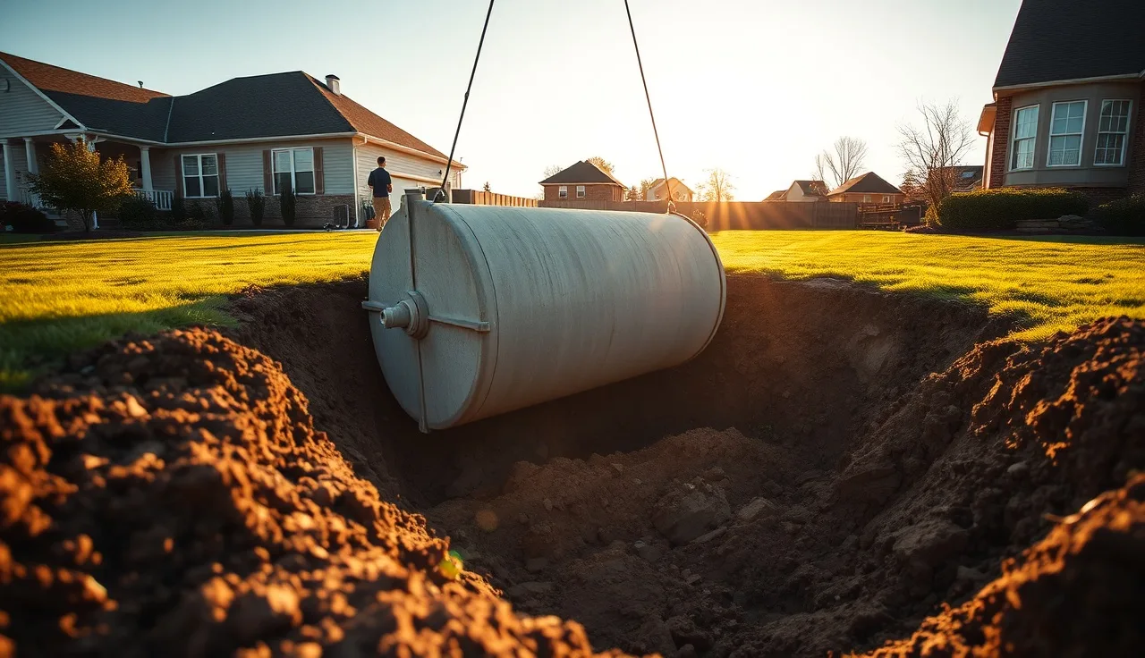 Concrete septic tank being installed in a residential yard excavation