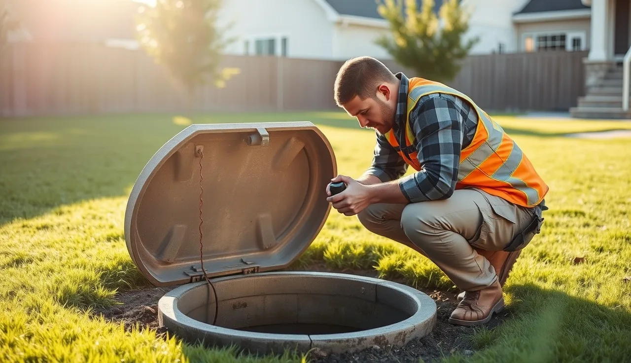 Septic inspector examining open tank lid during a residential septic inspection