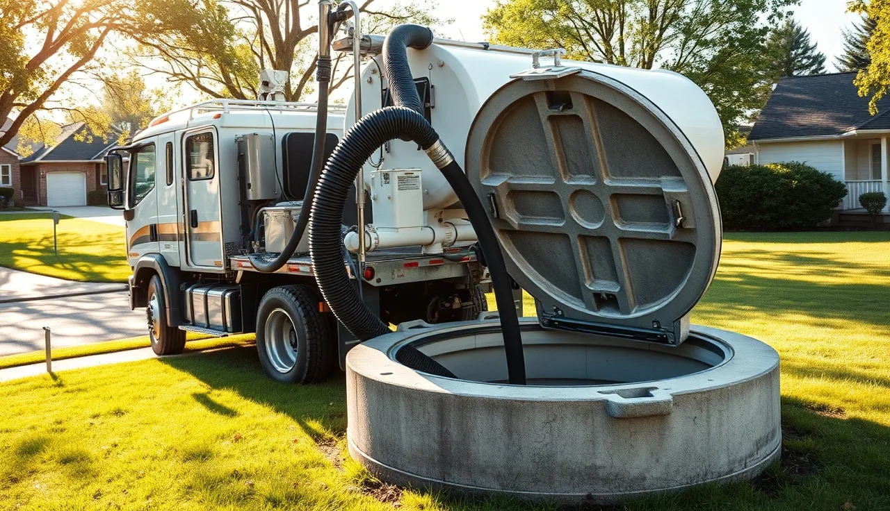 Septic pump truck technician pumping a residential septic tank in a backyard