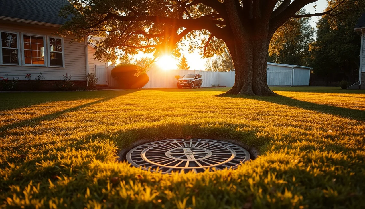 Septic tank access cover in a residential backyard lawn at golden hour