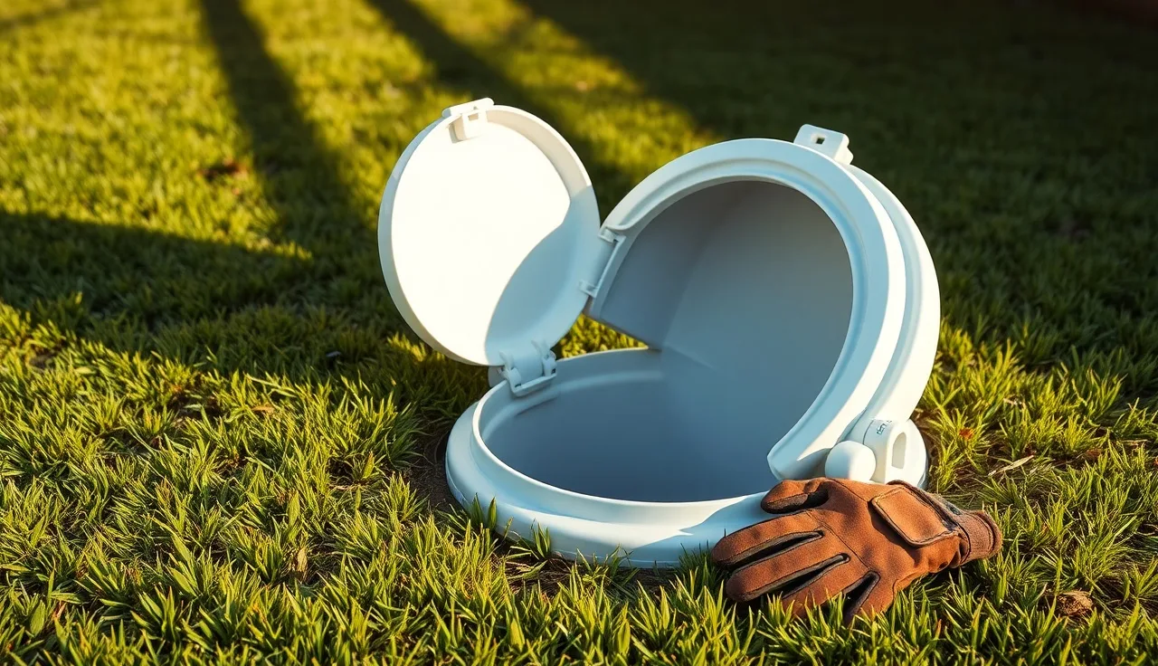 Open septic tank access lid in a green residential backyard with work gloves nearby