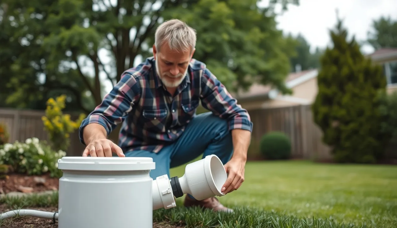 Homeowner inspecting septic drain field access port in backyard lawn