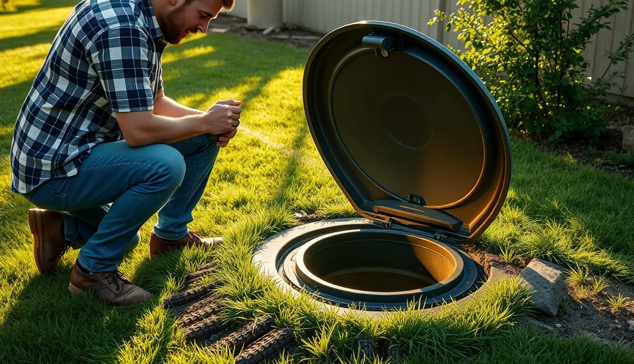 Homeowner inspecting open septic tank lid in green backyard with flashlight