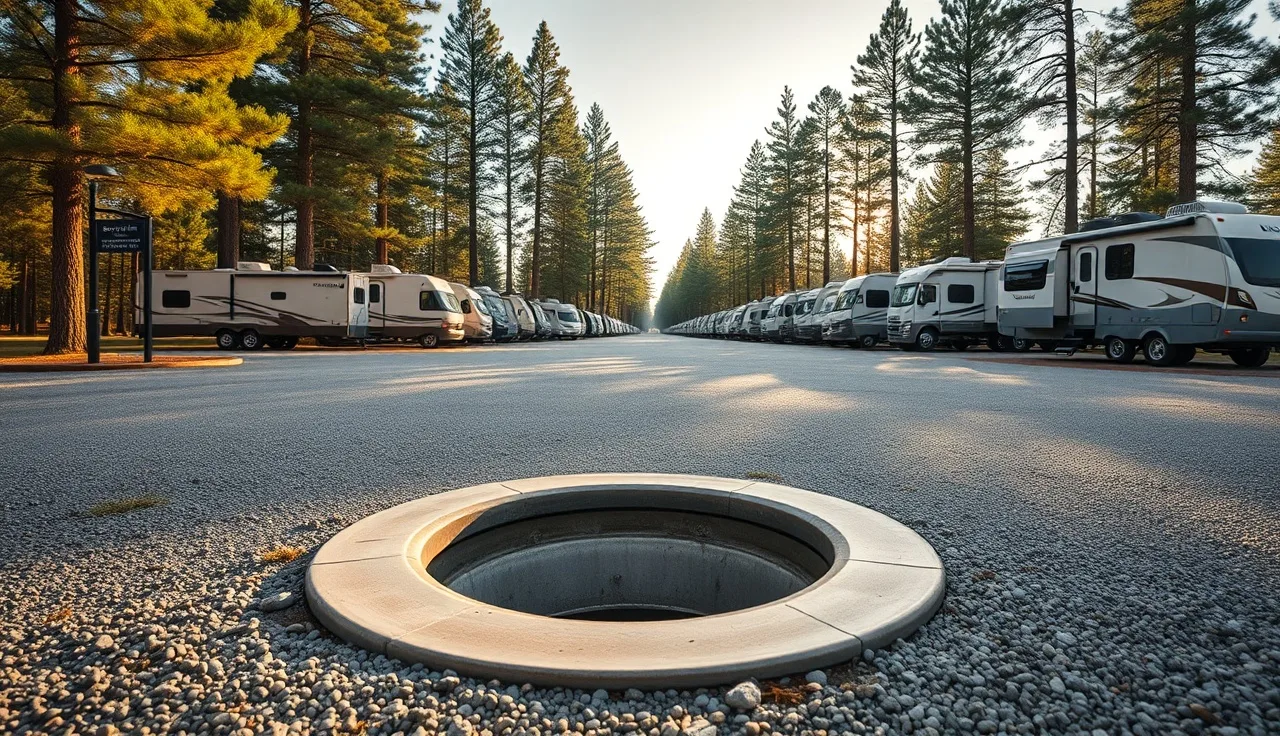 RV park dump station pad with hookup pedestals and motorhomes in background