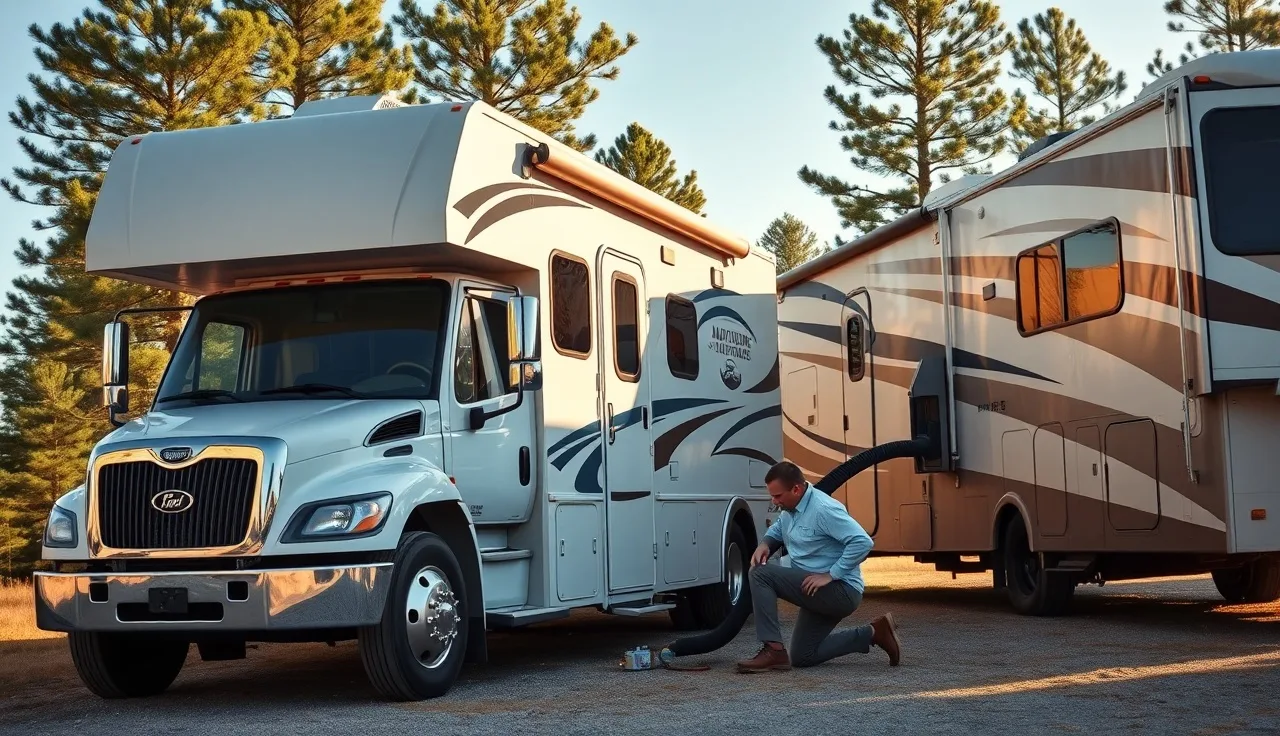 Mobile pump-out truck technician connecting hose to RV sewer outlet at campground
