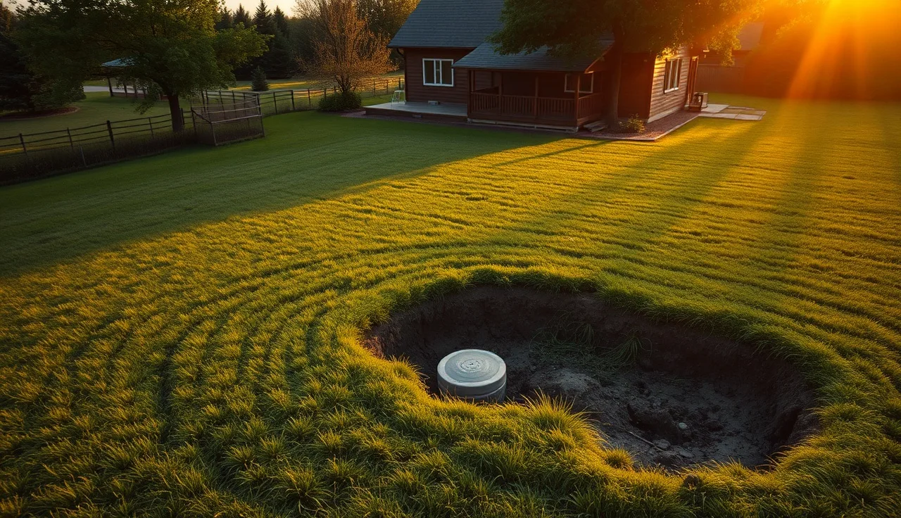 Rural backyard with drain field area and septic access riser visible at sunset