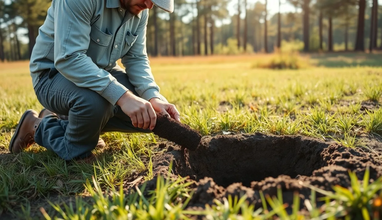 Soil scientist examining a soil core at a test pit during a septic site evaluation