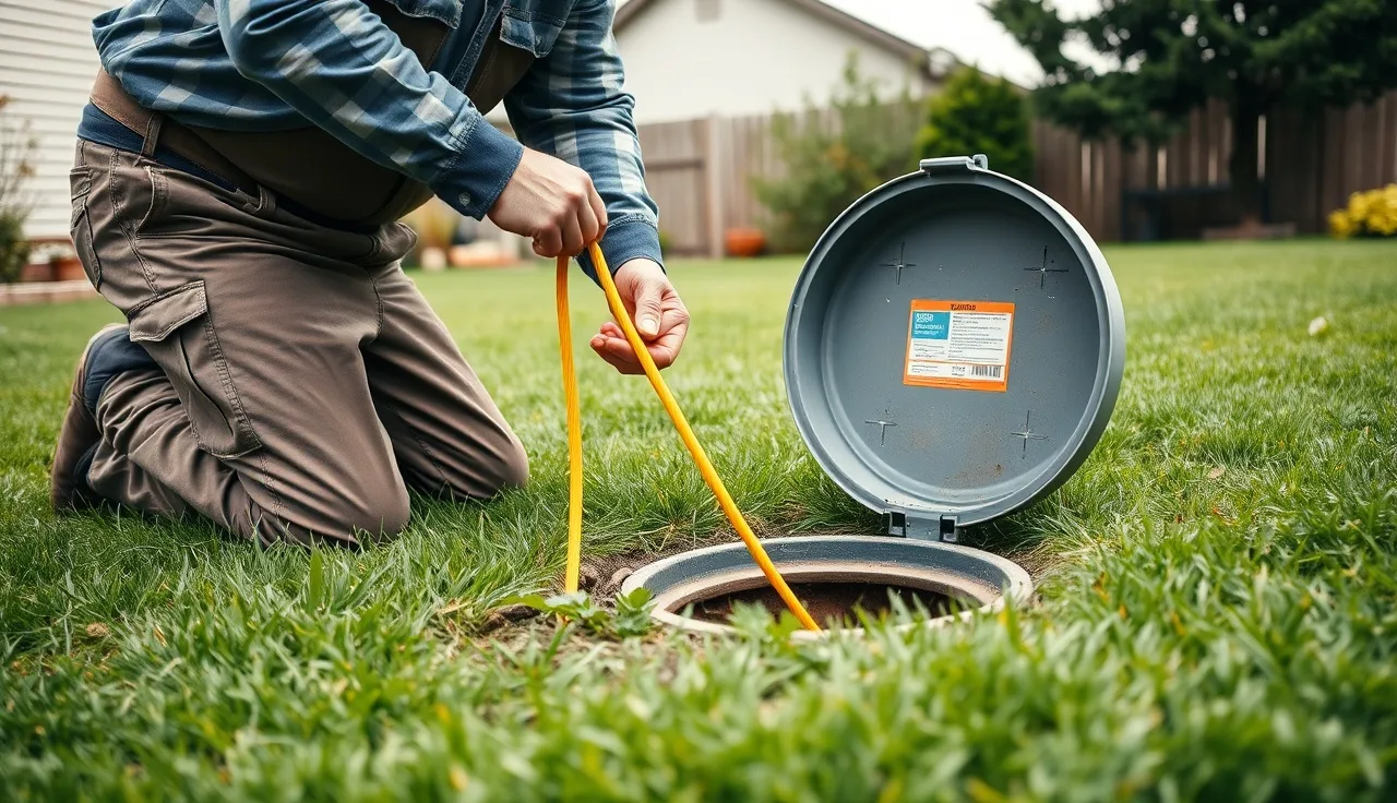 Septic technician inserting camera cable into open tank access lid during septic camera inspection