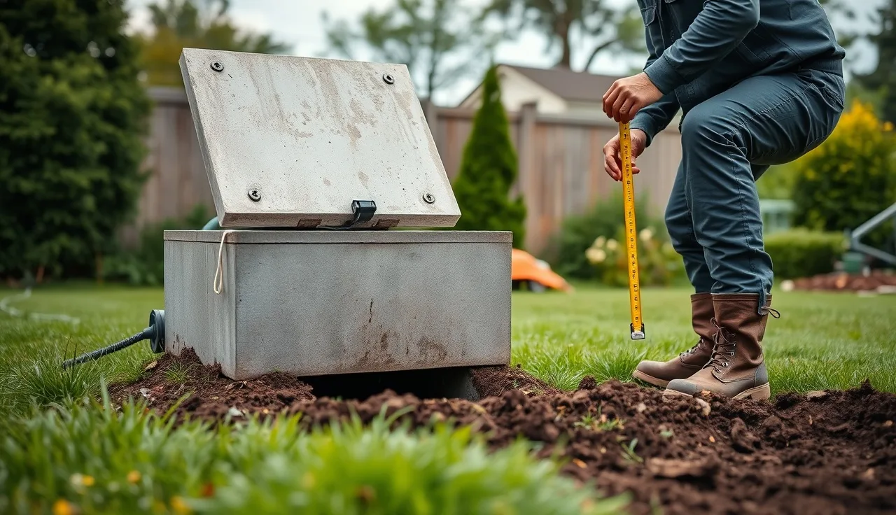 Technician inspecting an open septic distribution box in a residential backyard