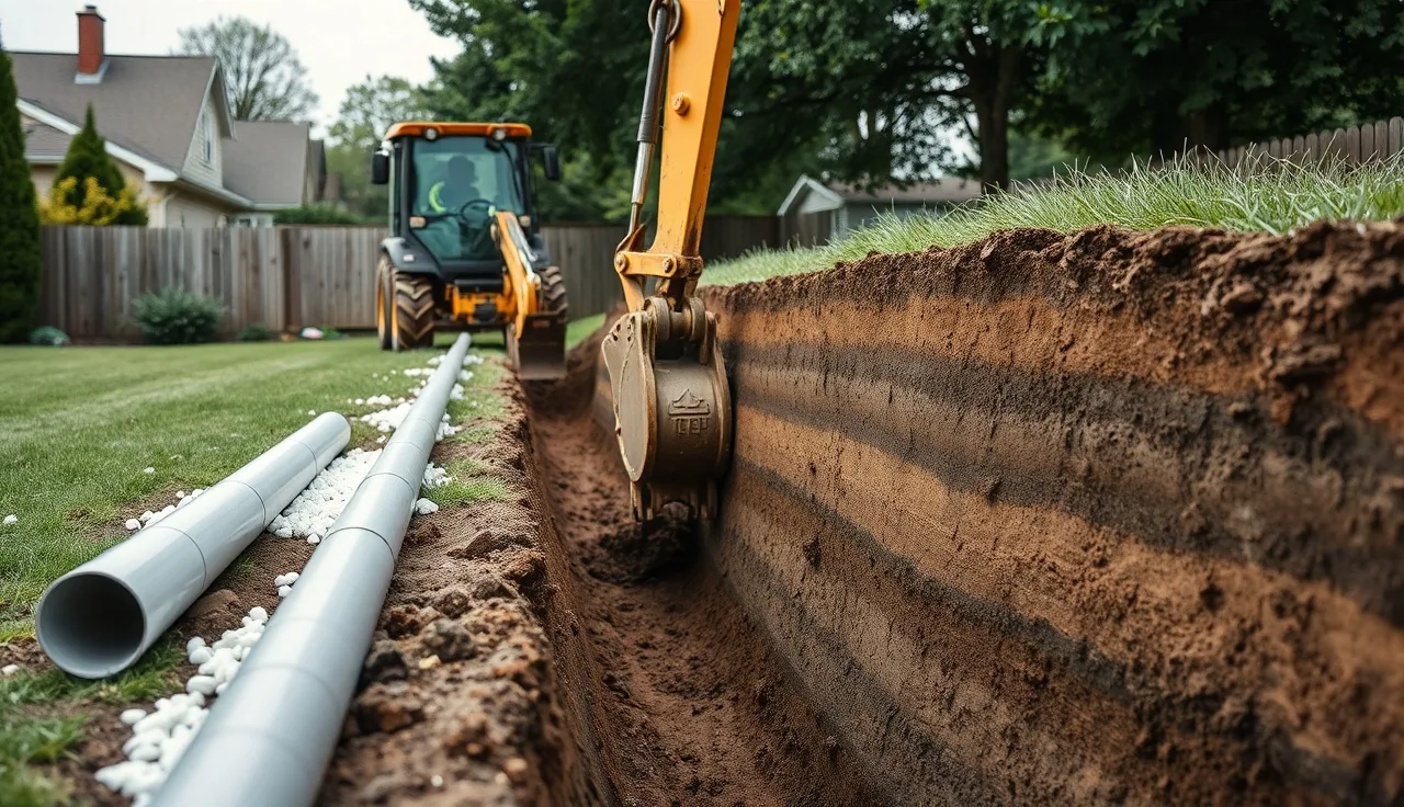 Excavated drain field trench showing soil layers and perforated pipe in backyard