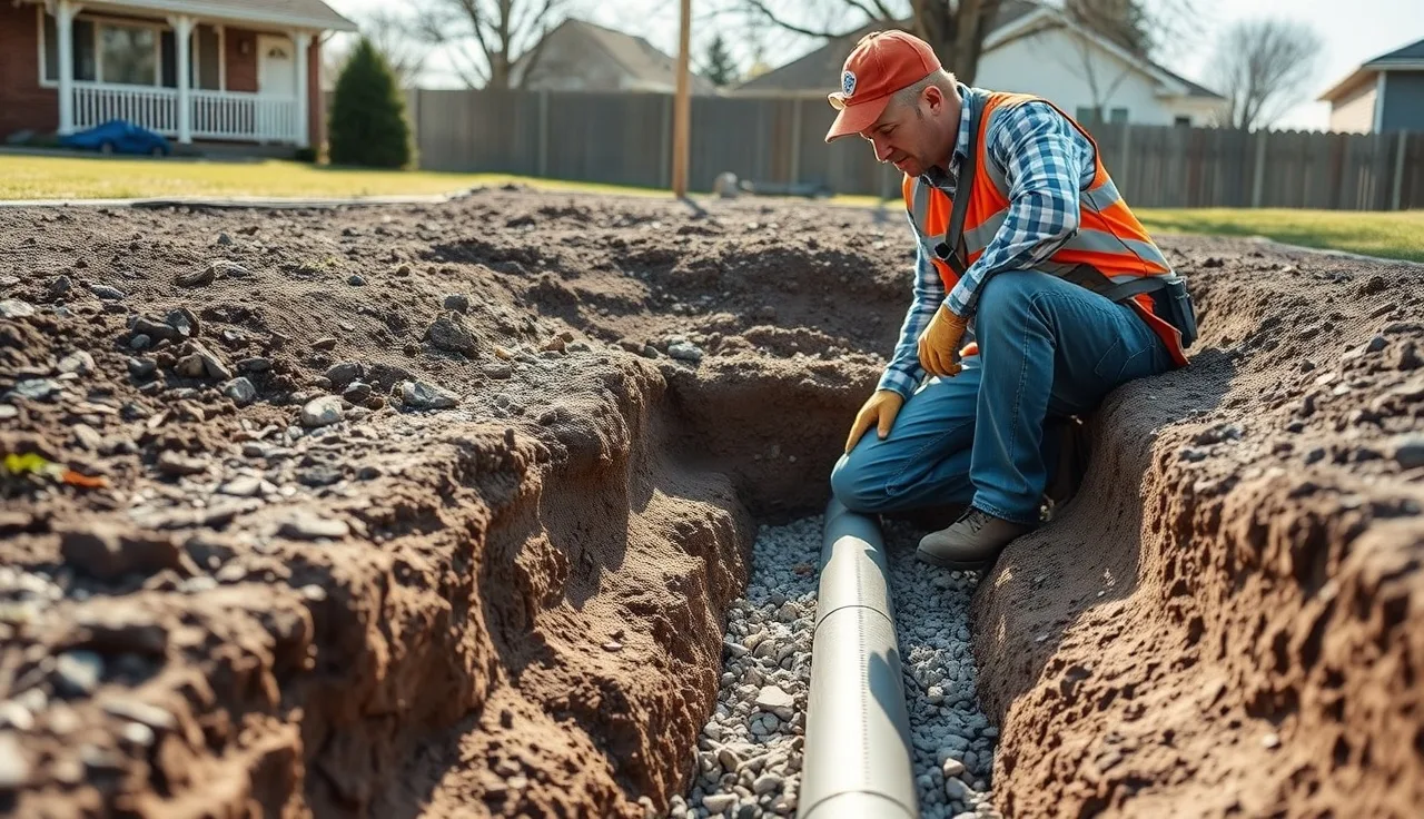 Septic installer examining perforated pipe inside an open residential drain field trench