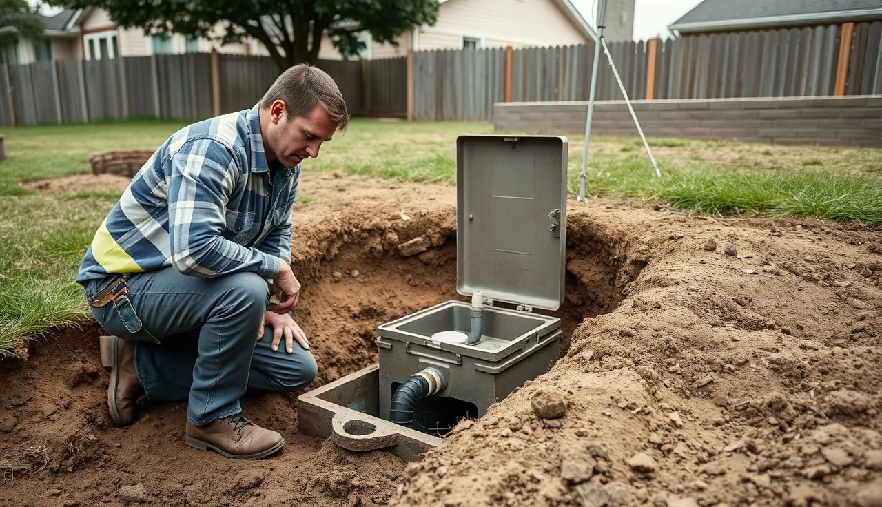 Septic technician inspecting an open distribution box in an excavated drain field trench