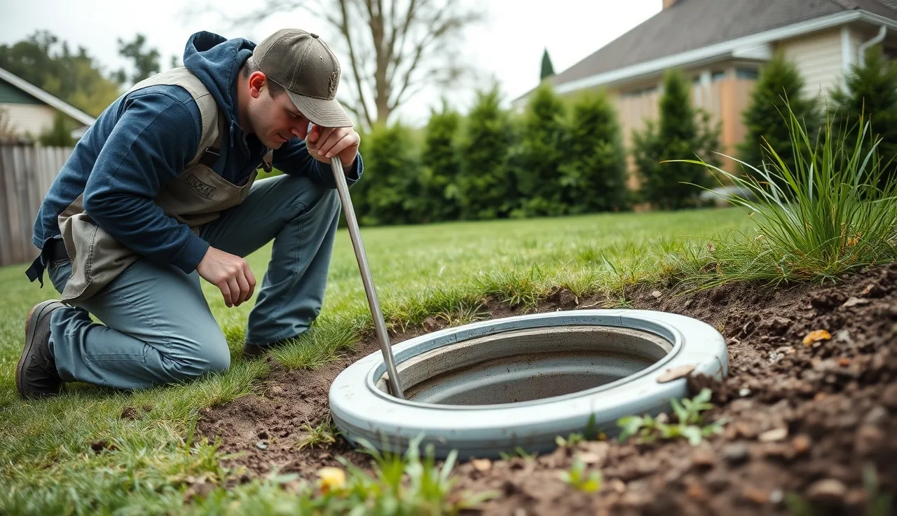 Septic technician inspecting a drain field access riser in a suburban backyard