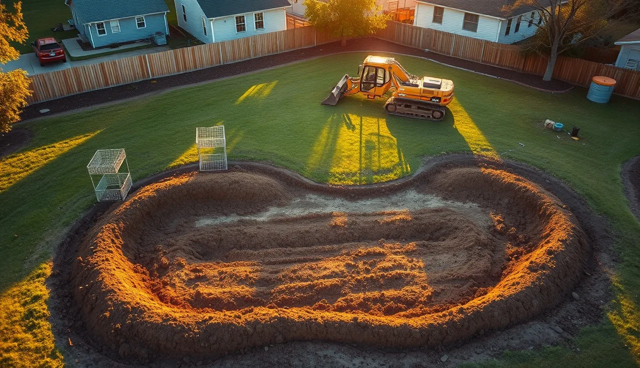 Freshly installed septic drain field in a suburban backyard at golden hour