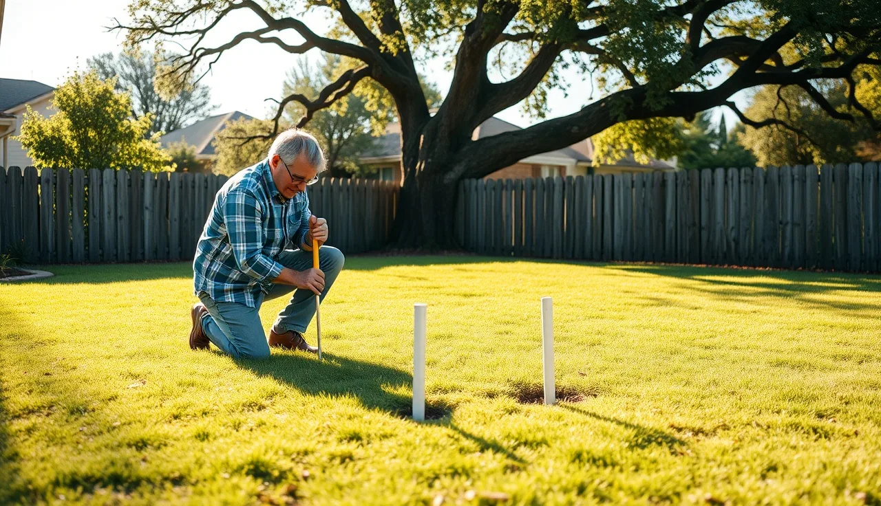 Homeowner probing grass with a survey stake to locate a septic drain field